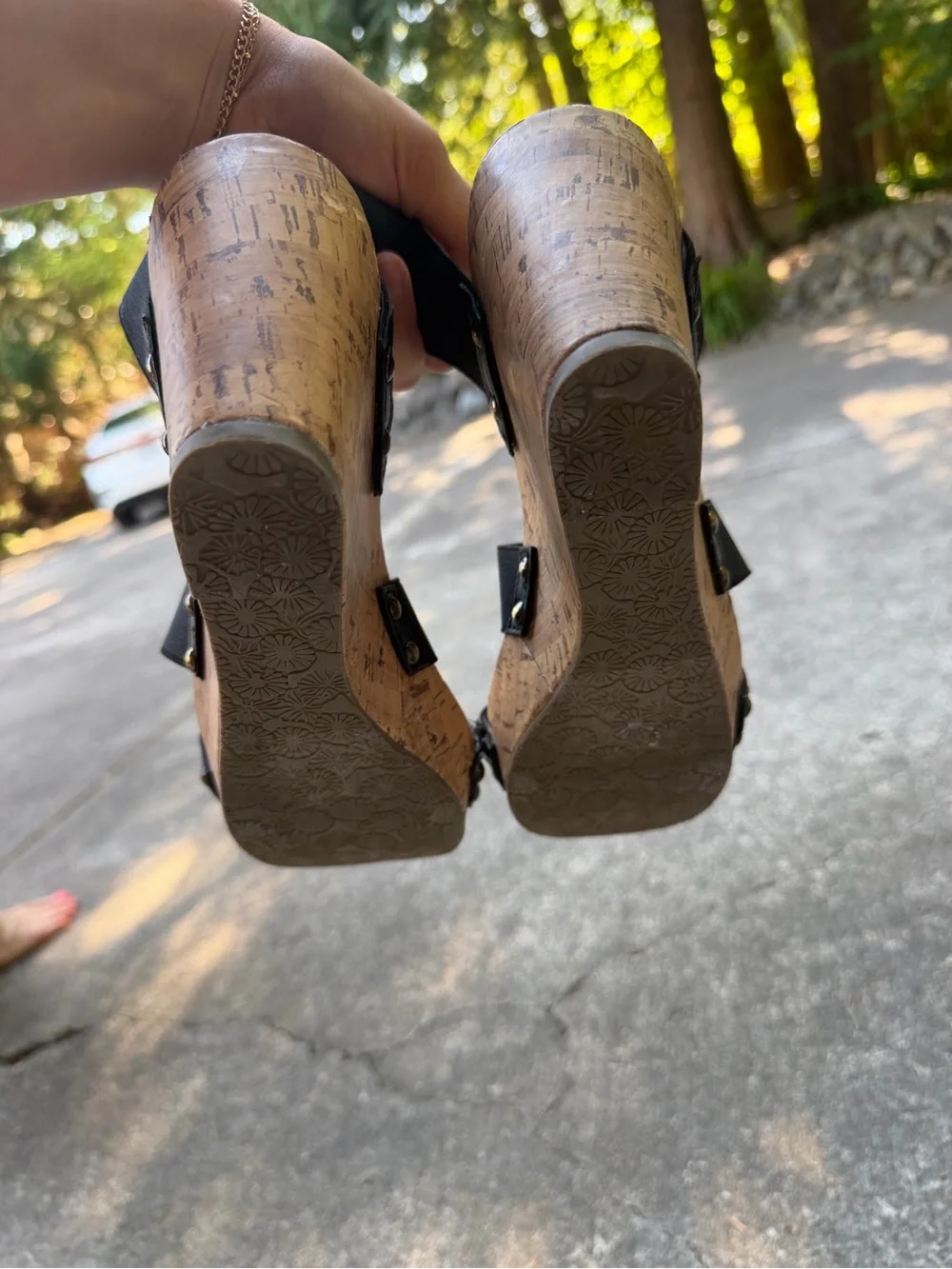 Spritz Black Elastic Strap Cork Wedge Sandals